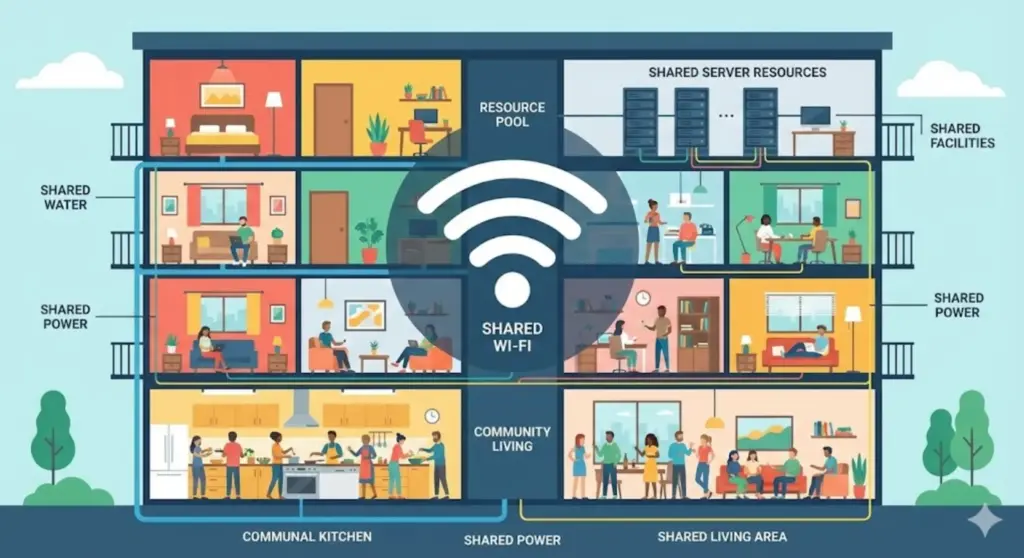 虚拟主机(共享主机)概念示意图,用于说明多用户共同使用同一服务器资源的特点。