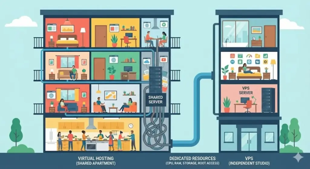 展示 VPS 与虚拟主机区别的示意图,用于对比两者在性能、自由度和使用场景上的差异。